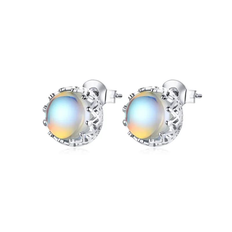 (image for) Pandora Style Silver Stud Earrings, Crown Moonstone - SCE877 - Product Image