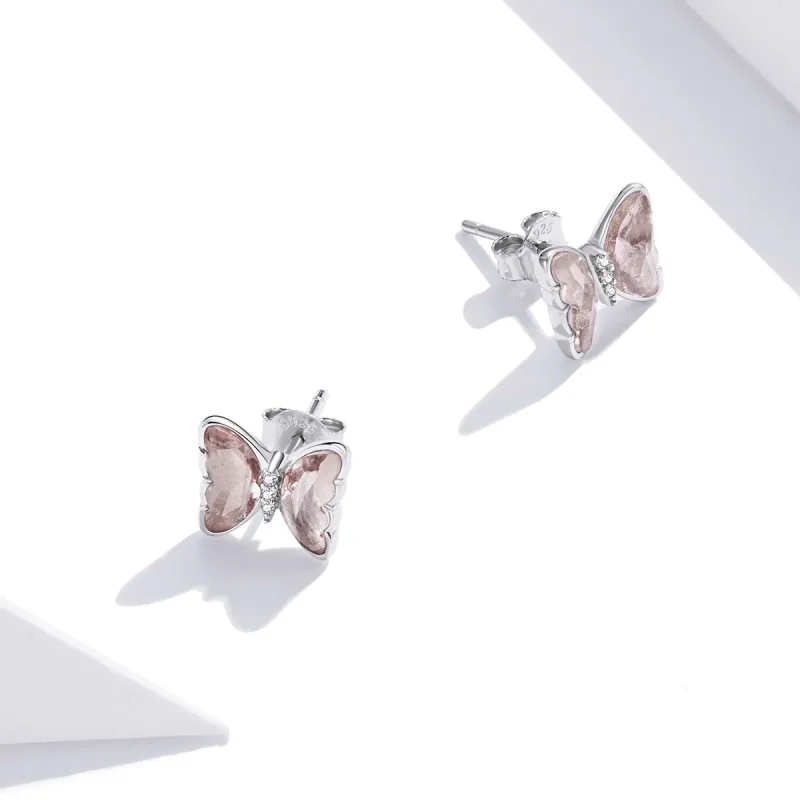 (image for) Pandora Style Silver Stud Earrings, Crystal Butterfly - SCE1013 - View 2