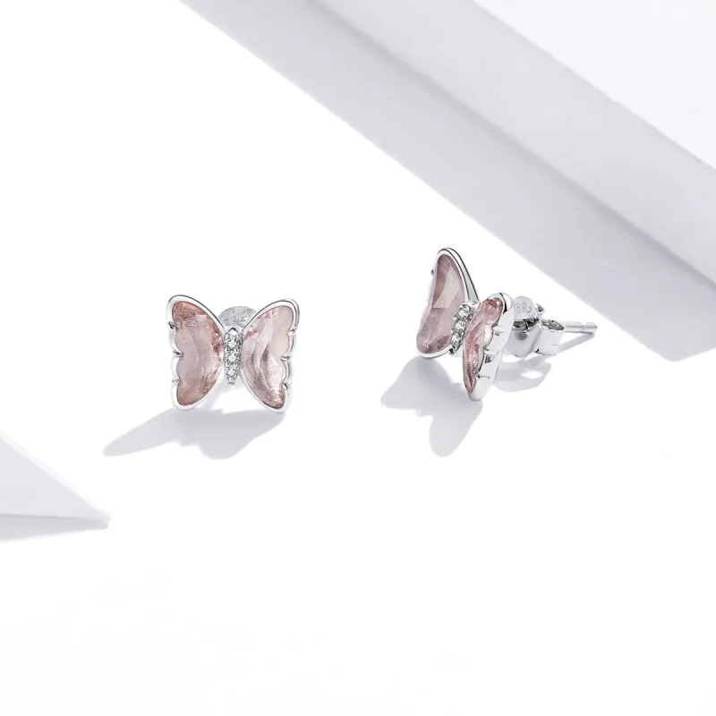 (image for) Pandora Style Silver Stud Earrings, Crystal Butterfly - SCE1013 - View 3