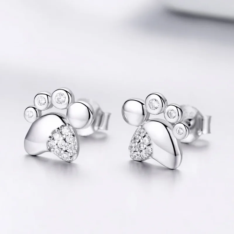 (image for) Pandora Style Silver Stud Earrings, Cute Anti-Allergy Kitten Footprints - BSE033 - View 2
