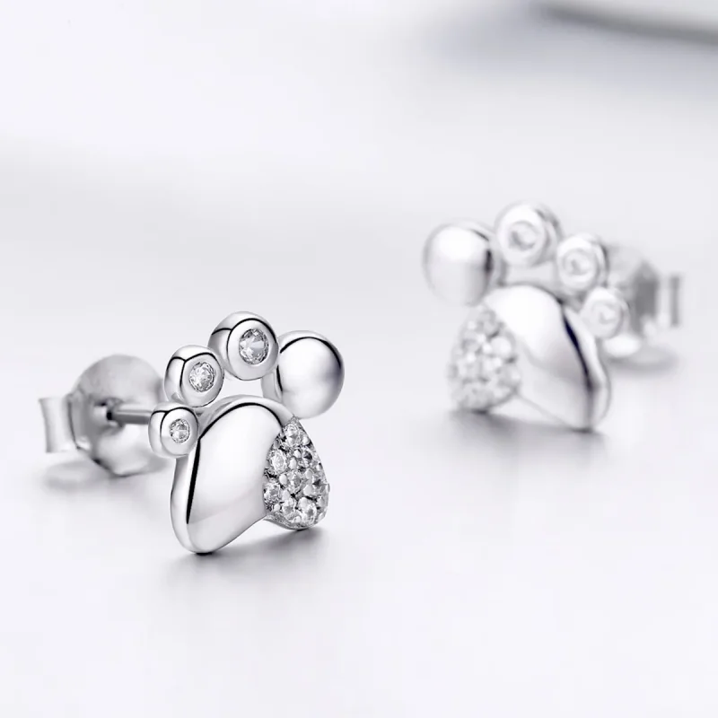 (image for) Pandora Style Silver Stud Earrings, Cute Anti-Allergy Kitten Footprints - BSE033 - View 3