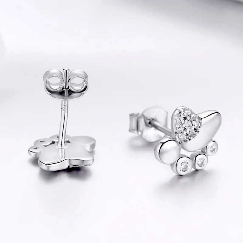 (image for) Pandora Style Silver Stud Earrings, Cute Anti-Allergy Kitten Footprints - BSE033 - View 4