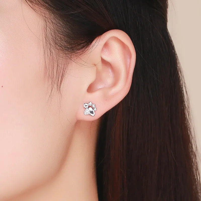 (image for) Pandora Style Silver Stud Earrings, Cute Anti-Allergy Kitten Footprints - BSE033 - View 5