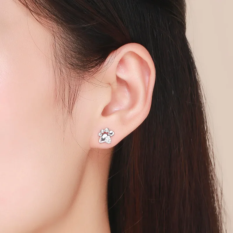 (image for) Pandora Style Silver Stud Earrings, Cute Anti-Allergy Kitten Footprints - BSE033 - View 6