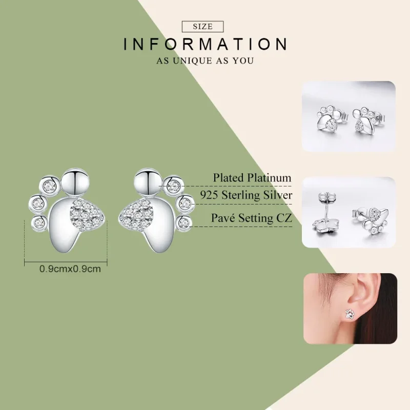 (image for) Pandora Style Silver Stud Earrings, Cute Anti-Allergy Kitten Footprints - BSE033 - View 7
