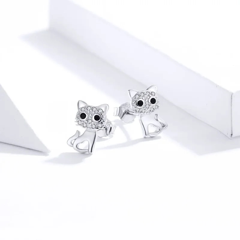 (image for) Pandora Style Silver Stud Earrings, Cute Cat - SCE797 - View 2