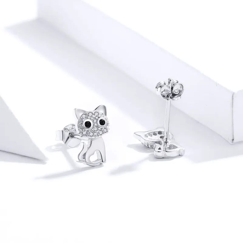 (image for) Pandora Style Silver Stud Earrings, Cute Cat - SCE797 - View 3