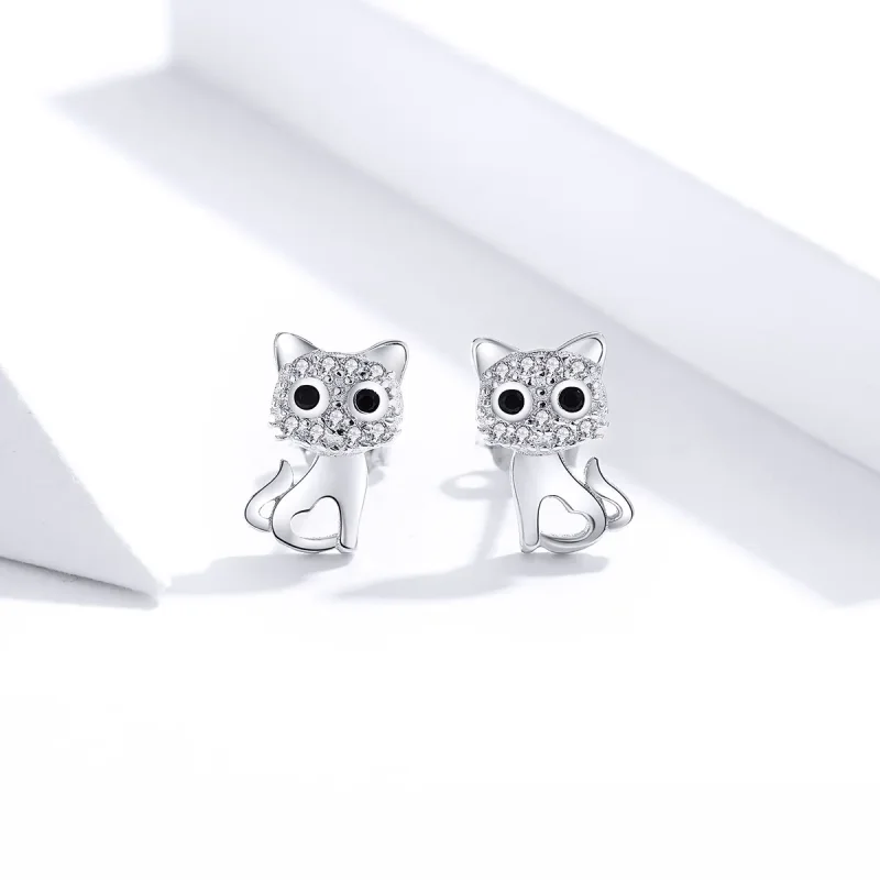 (image for) Pandora Style Silver Stud Earrings, Cute Cat - SCE797 - View 4