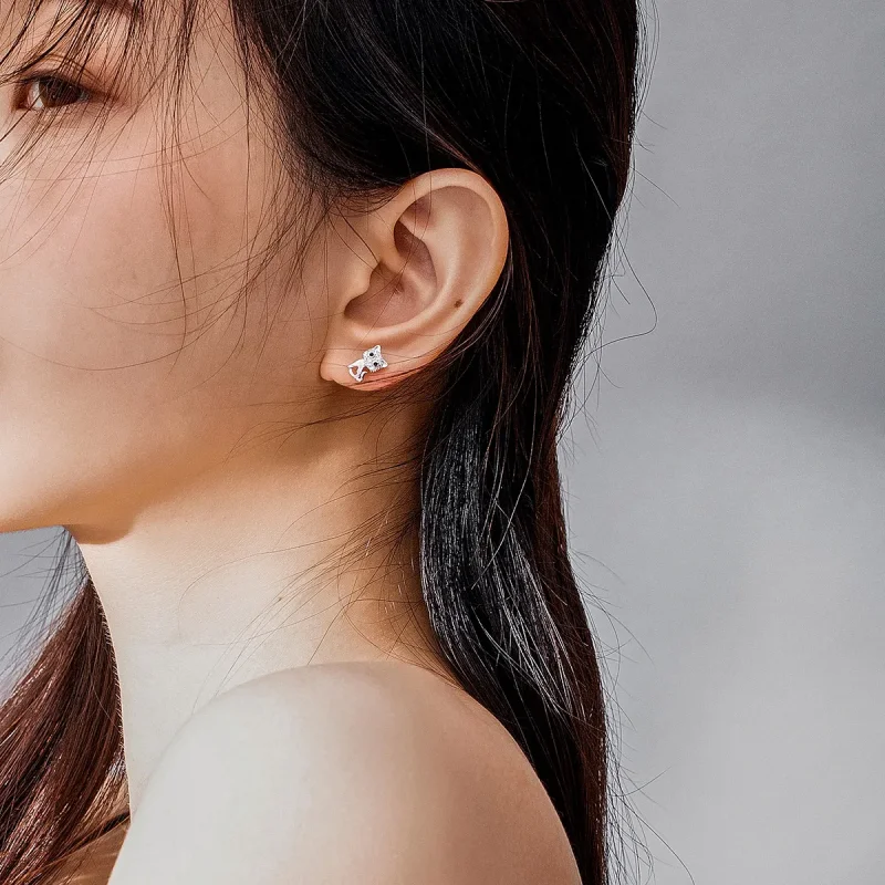 (image for) Pandora Style Silver Stud Earrings, Cute Cat - SCE797 - View 5