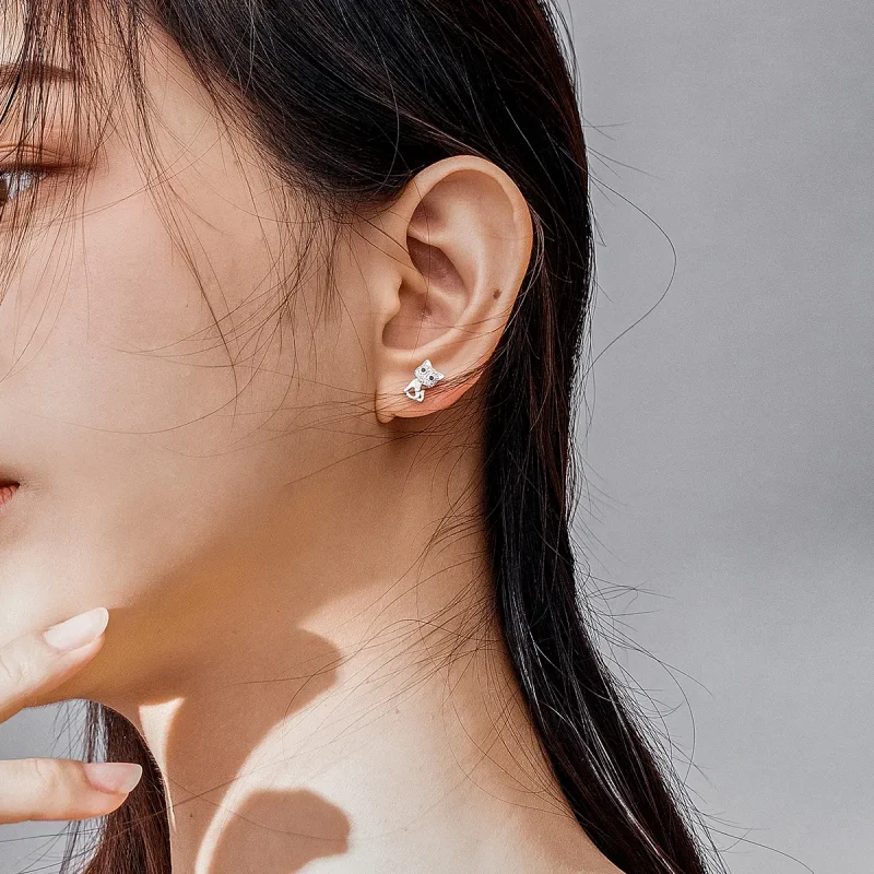 (image for) Pandora Style Silver Stud Earrings, Cute Cat - SCE797 - View 6