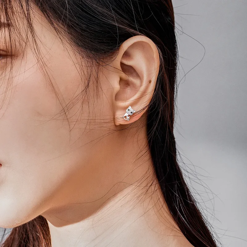 (image for) Pandora Style Silver Stud Earrings, Cute Cat - SCE797 - View 7