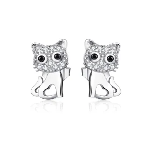 (image for) Pandora Style Silver Stud Earrings, Cute Cat - SCE797