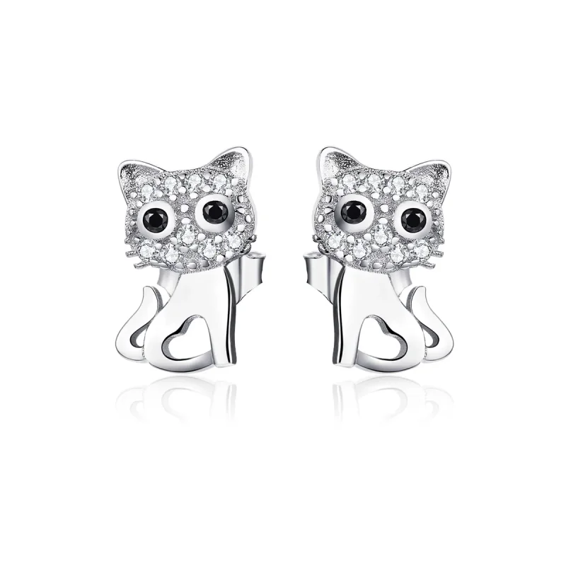 (image for) Pandora Style Silver Stud Earrings, Cute Cat - SCE797 - Product Image