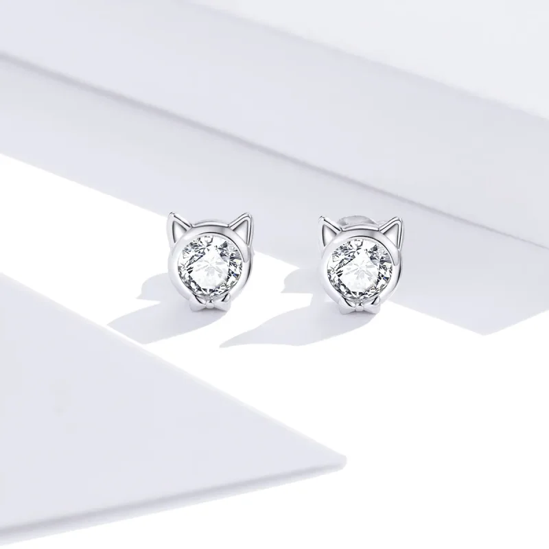 (image for) Pandora Style Silver Stud Earrings, Cute Cat - SCE899 - View 2