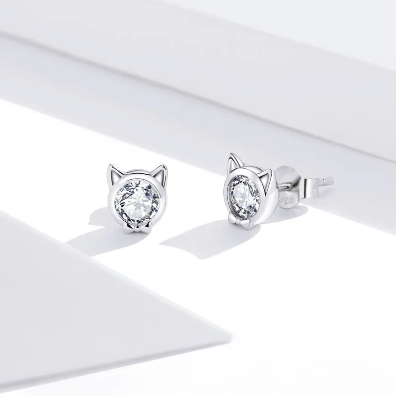 (image for) Pandora Style Silver Stud Earrings, Cute Cat - SCE899 - View 3