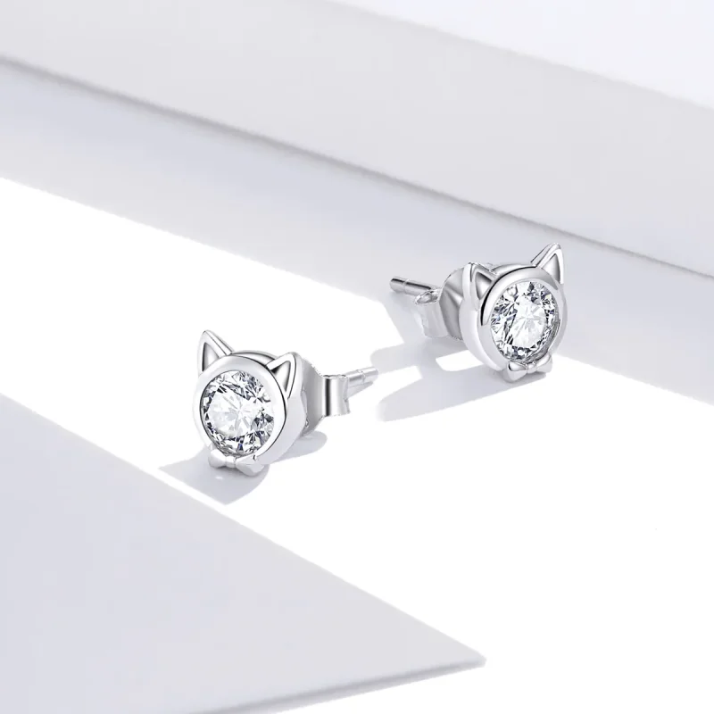 (image for) Pandora Style Silver Stud Earrings, Cute Cat - SCE899 - View 4