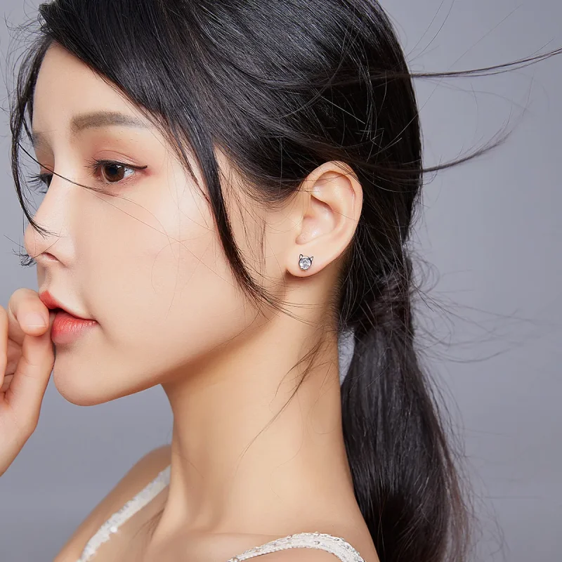 (image for) Pandora Style Silver Stud Earrings, Cute Cat - SCE899 - View 5