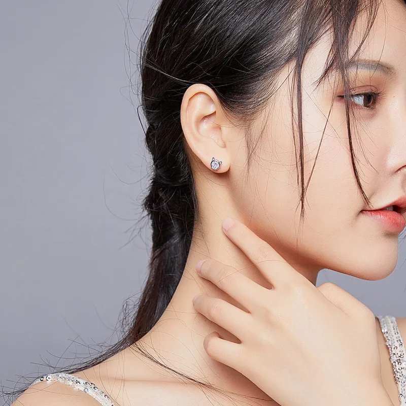 (image for) Pandora Style Silver Stud Earrings, Cute Cat - SCE899 - View 6