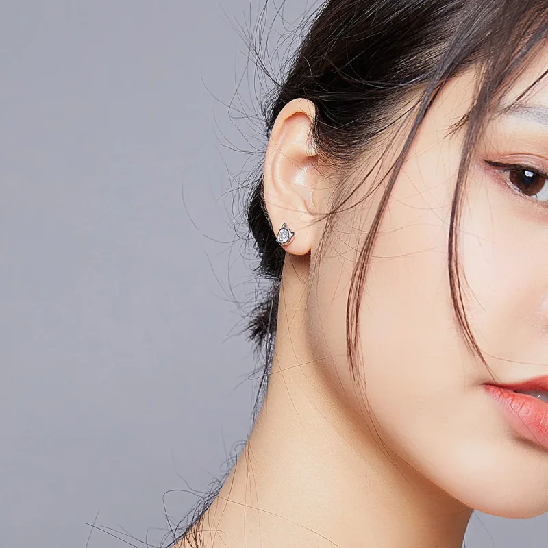 (image for) Pandora Style Silver Stud Earrings, Cute Cat - SCE899 - View 7