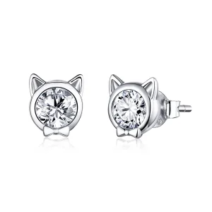 (image for) Pandora Style Silver Stud Earrings, Cute Cat - SCE899