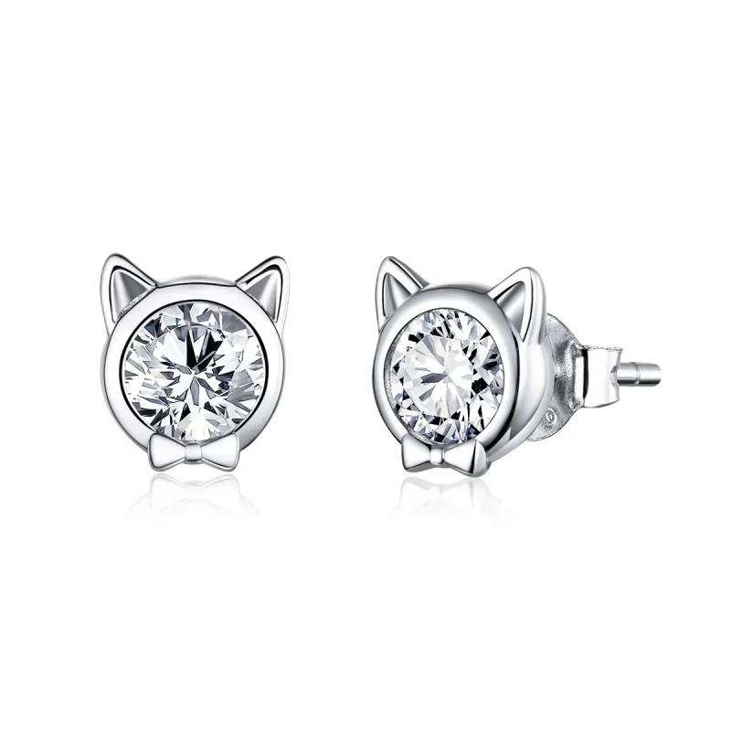(image for) Pandora Style Silver Stud Earrings, Cute Cat - SCE899 - Product Image