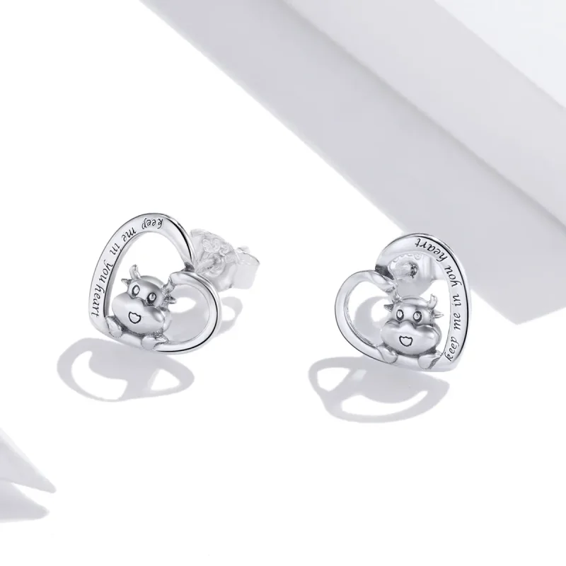(image for) Pandora Style Silver Stud Earrings, Cute Cow - SCE984 - View 2