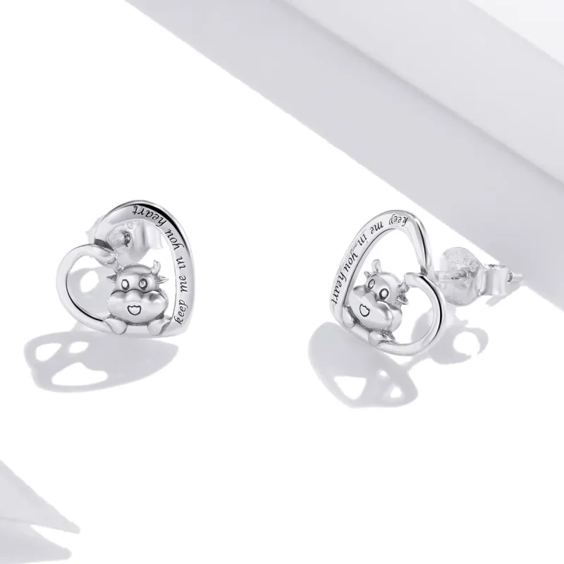 (image for) Pandora Style Silver Stud Earrings, Cute Cow - SCE984 - View 3