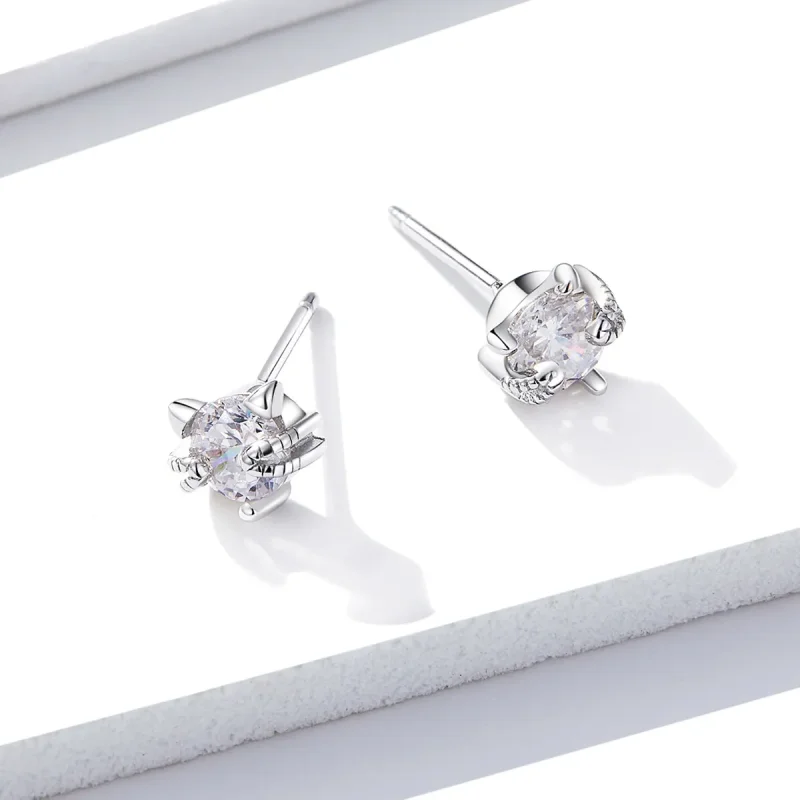 (image for) Pandora Style Silver Stud Earrings, Cute Kitten - BSE205 - View 4