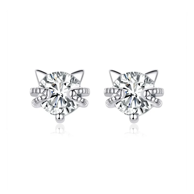 (image for) Pandora Style Silver Stud Earrings, Cute Kitten - BSE205 - Product Image