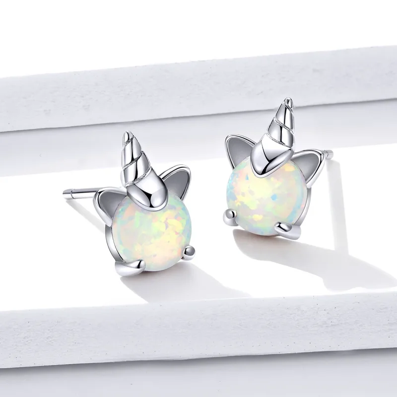 (image for) Pandora Style Silver Stud Earrings, Cute Unicorn - SCE737 - View 2