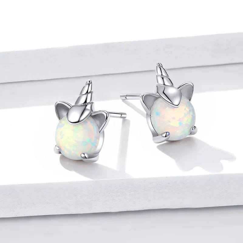 (image for) Pandora Style Silver Stud Earrings, Cute Unicorn - SCE737 - View 4