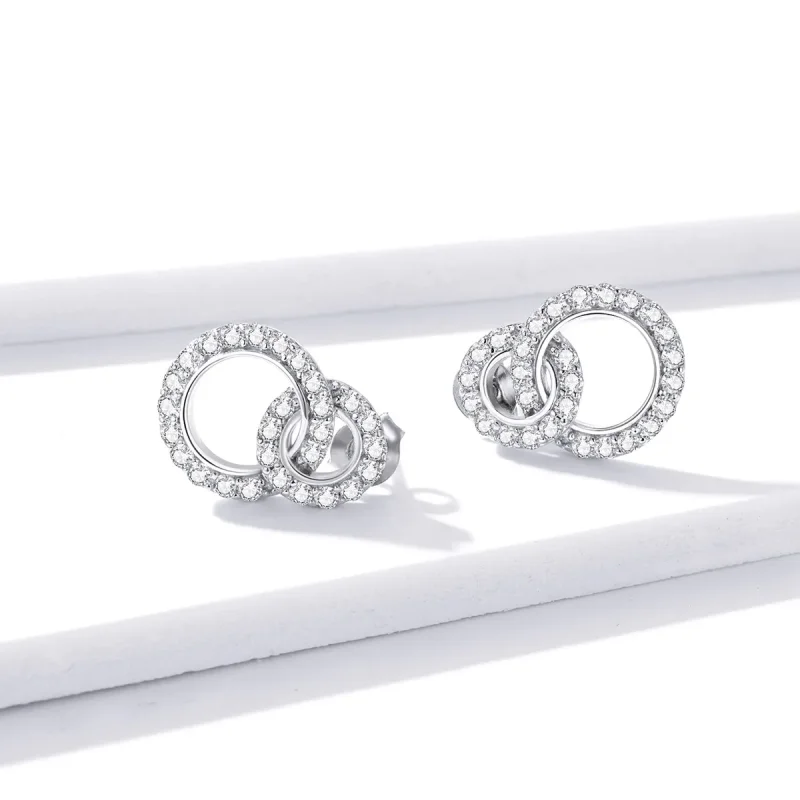 (image for) Pandora Style Silver Stud Earrings, Dazzling Double Rings - BSE388 - View 2