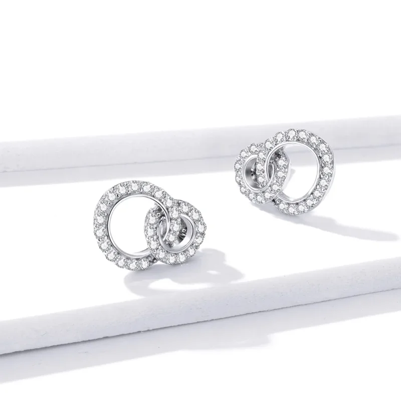 (image for) Pandora Style Silver Stud Earrings, Dazzling Double Rings - BSE388 - View 4