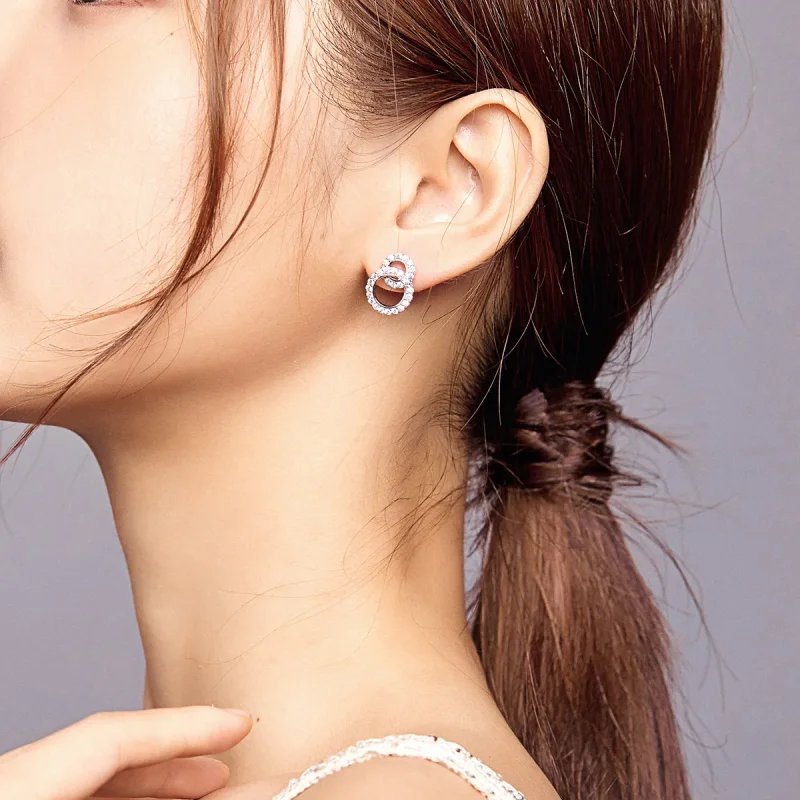 (image for) Pandora Style Silver Stud Earrings, Dazzling Double Rings - BSE388 - View 6