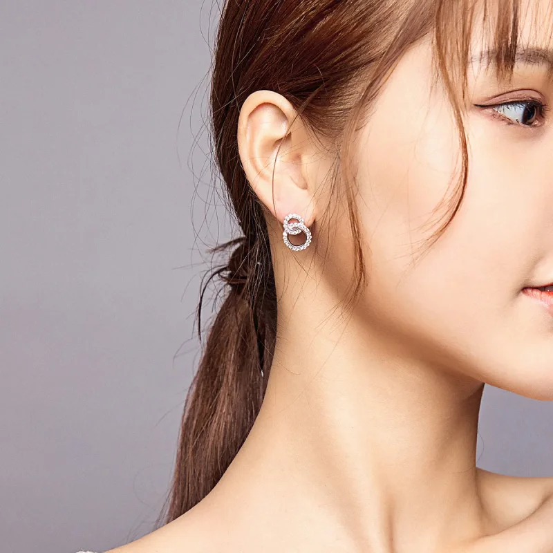 (image for) Pandora Style Silver Stud Earrings, Dazzling Double Rings - BSE388 - View 7