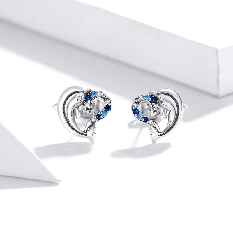 (image for) Pandora Style Silver Stud Earrings, Dolphin Elves - SCE930 - View 2