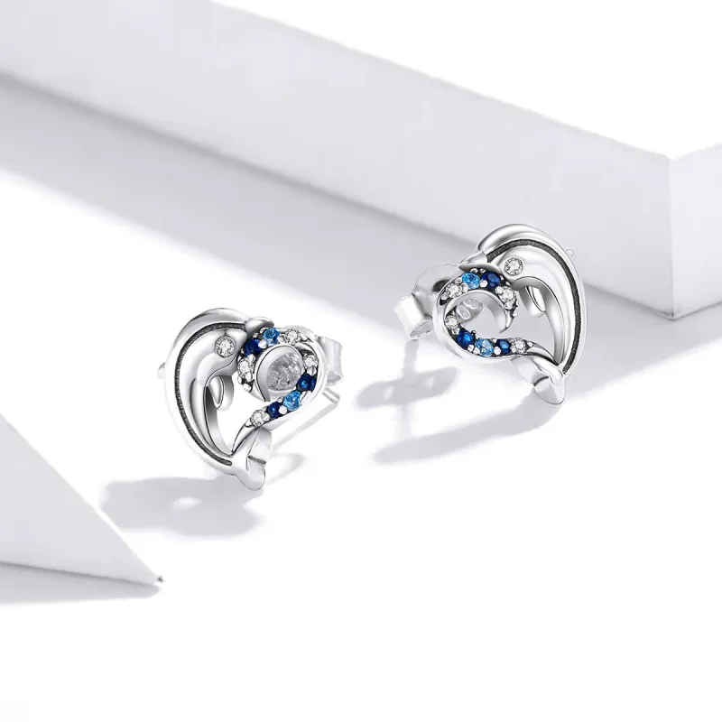 (image for) Pandora Style Silver Stud Earrings, Dolphin Elves - SCE930 - View 4