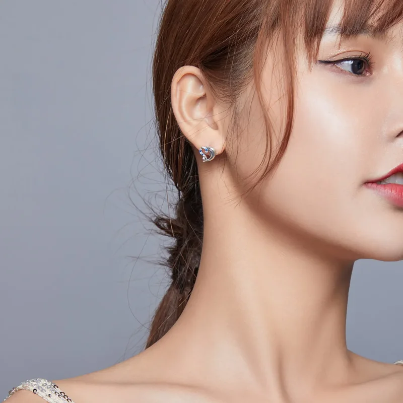 (image for) Pandora Style Silver Stud Earrings, Dolphin Elves - SCE930 - View 7