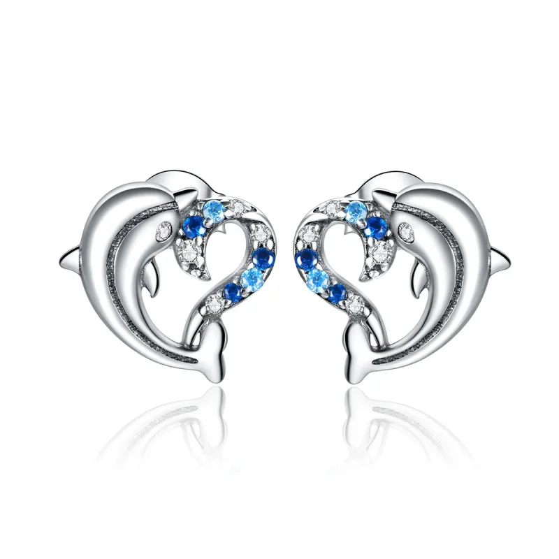 (image for) Pandora Style Silver Stud Earrings, Dolphin Elves - SCE930 - Product Image
