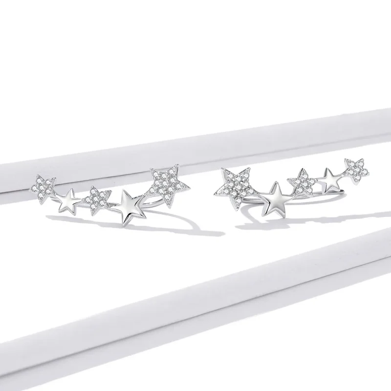 (image for) Pandora Style Silver Stud Earrings, Ear Crawler Stars - BSE351 - View 2
