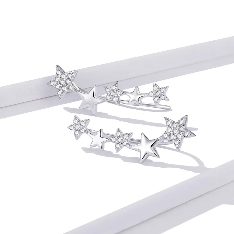 (image for) Pandora Style Silver Stud Earrings, Ear Crawler Stars - BSE351 - View 3