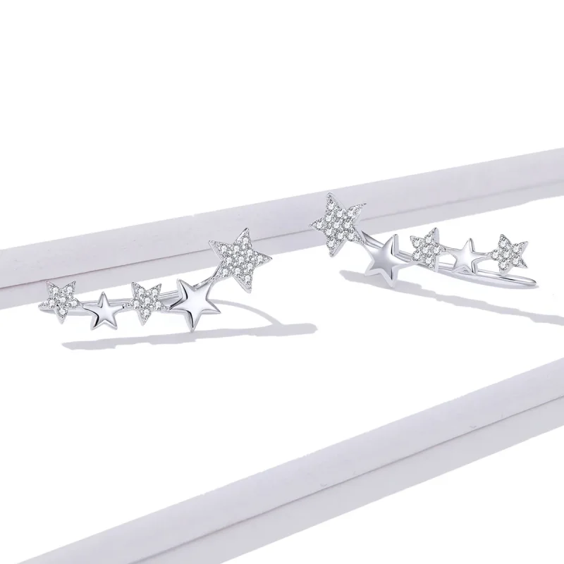 (image for) Pandora Style Silver Stud Earrings, Ear Crawler Stars - BSE351 - View 4