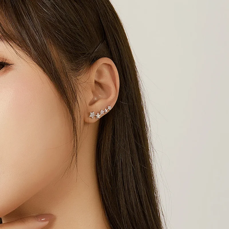 (image for) Pandora Style Silver Stud Earrings, Ear Crawler Stars - BSE351 - View 7