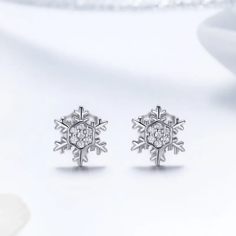 (image for) Pandora Style Silver Stud Earrings, Elegant Snowflakes - BSE009 - View 2