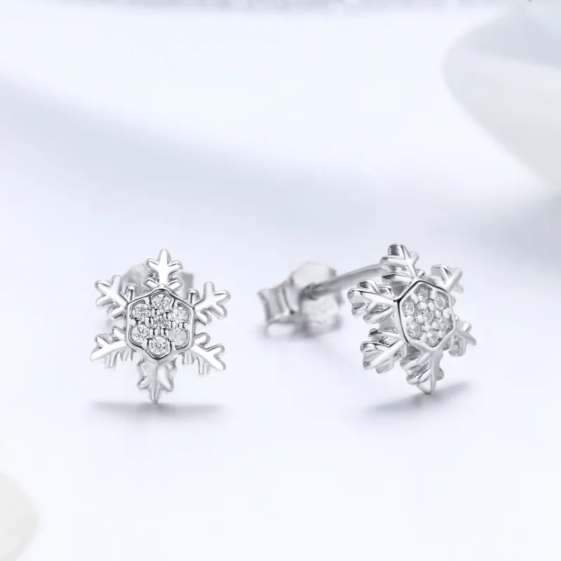 (image for) Pandora Style Silver Stud Earrings, Elegant Snowflakes - BSE009 - View 3