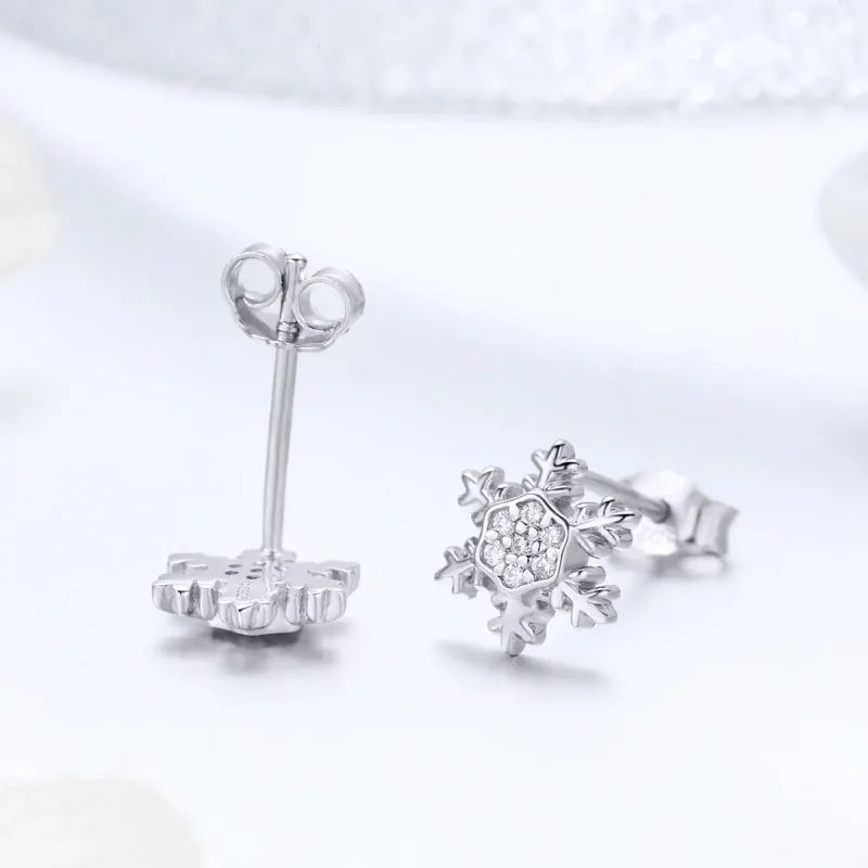 (image for) Pandora Style Silver Stud Earrings, Elegant Snowflakes - BSE009 - View 4
