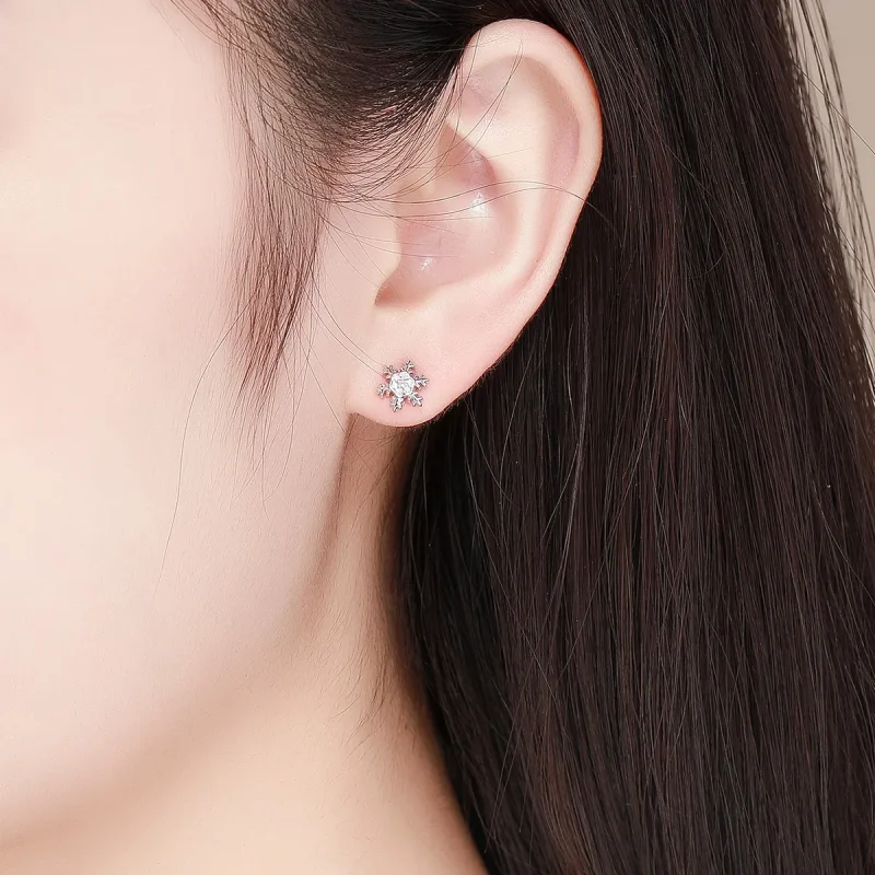 (image for) Pandora Style Silver Stud Earrings, Elegant Snowflakes - BSE009 - View 5