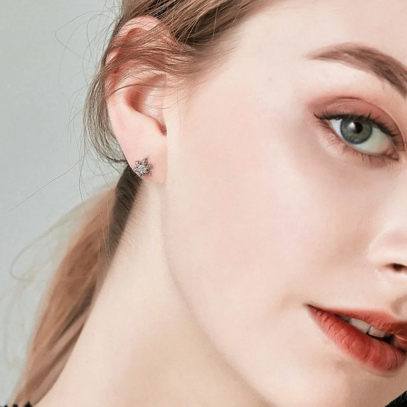 (image for) Pandora Style Silver Stud Earrings, Elegant Snowflakes - BSE009 - View 6