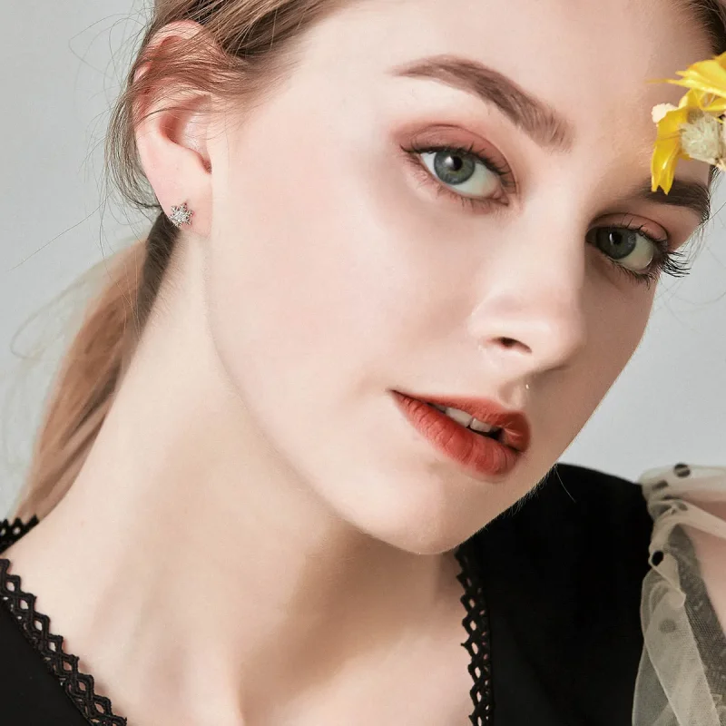 (image for) Pandora Style Silver Stud Earrings, Elegant Snowflakes - BSE009 - View 7