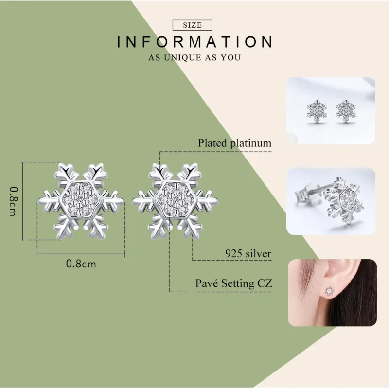 (image for) Pandora Style Silver Stud Earrings, Elegant Snowflakes - BSE009 - View 8